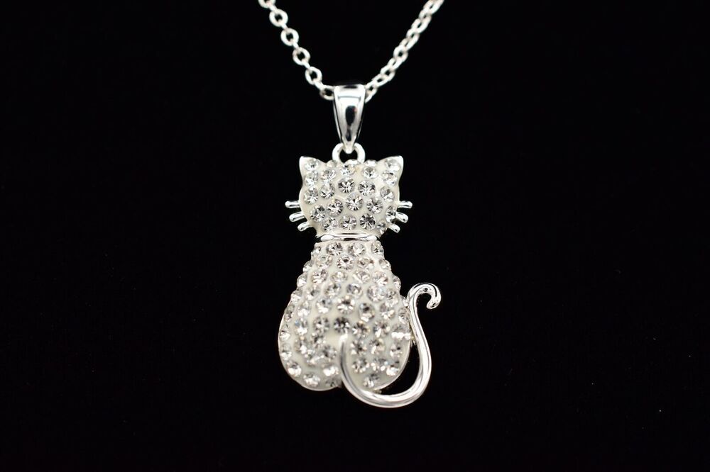 JCM Brass Crystal Cat Pendant Necklace White Rhinestone Silver Tone Shiny Bin2